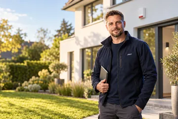 Techniker von Jost Alarmtechnik vor einem Einfamilienhaus